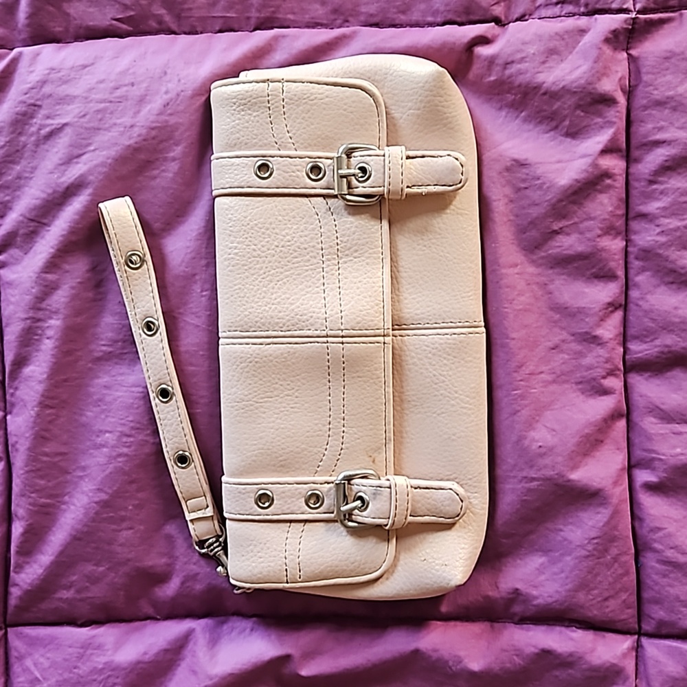 Avon Pastel Barbie Pink Faux Leather Clutch / Wristlet w Silver Buckles / Trim